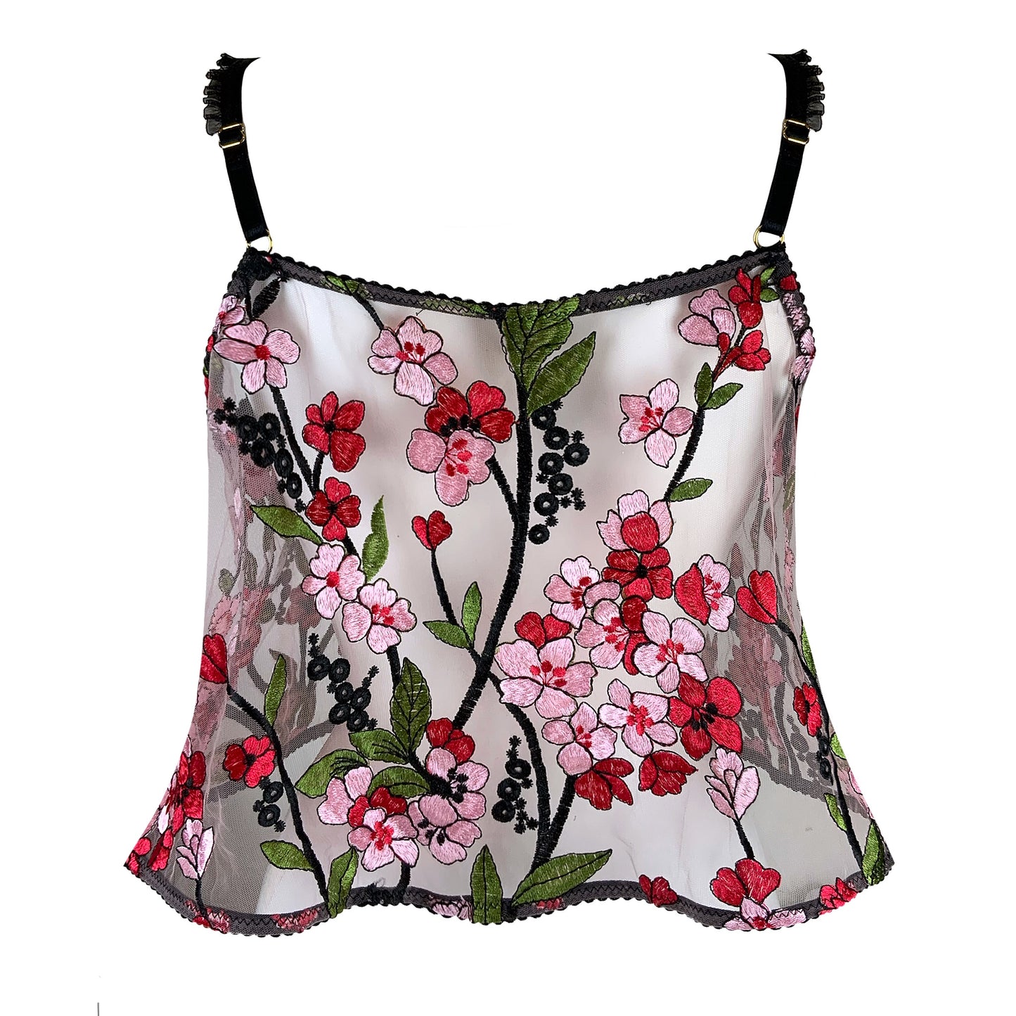 Red Pink Floral Embroidered Cami Handmade in Scotland