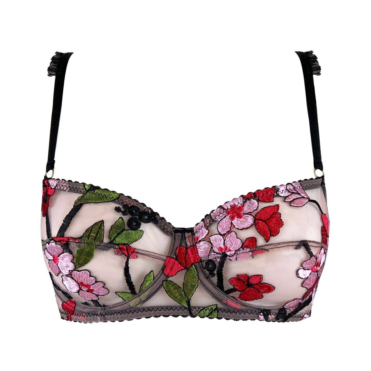 Red Pink Floral Balconette Balcony Bra Handmade in Scotland