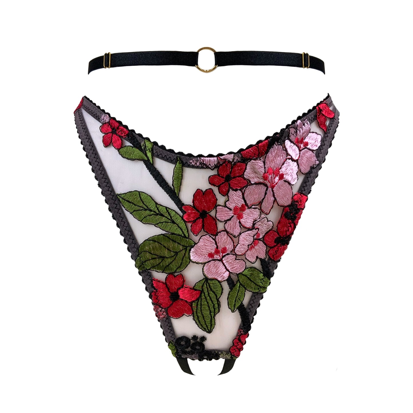Red Pink Floral Embroidered Adjustable Ouvert Crotchless Thong Handmade in Scotland