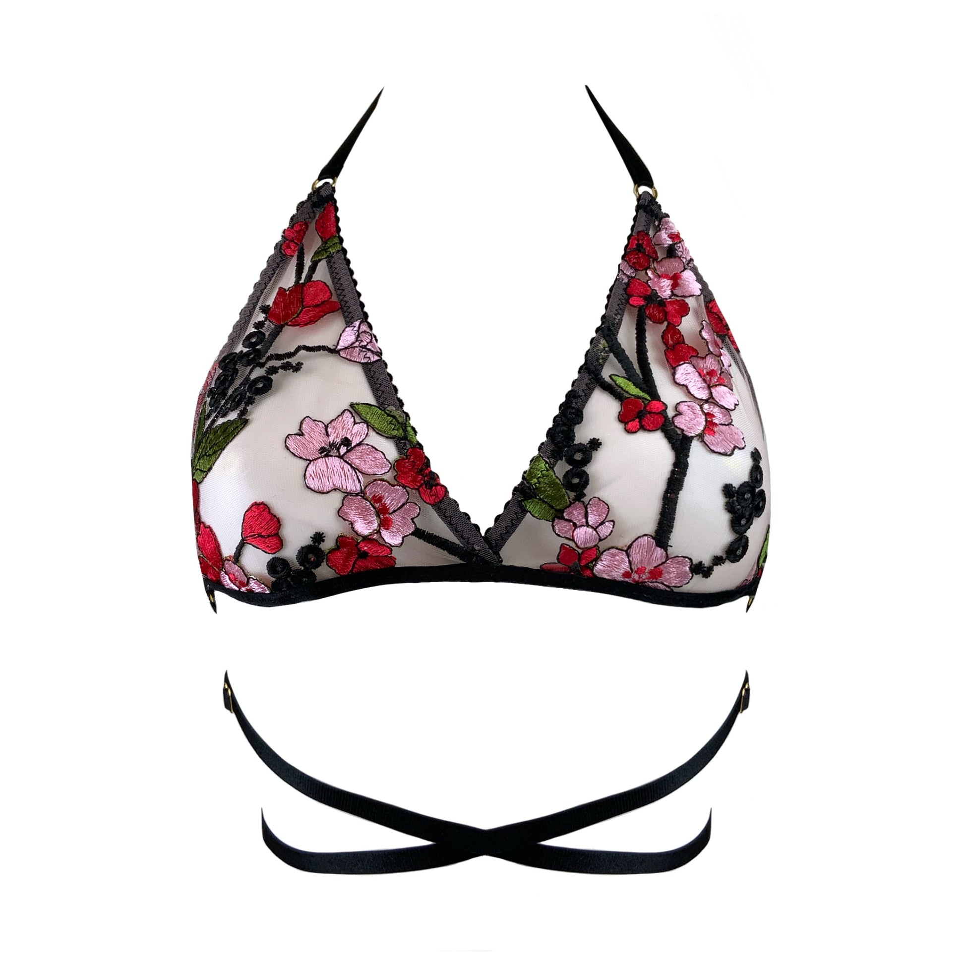 Red Pink Floral Triangle Bralette Handmade in Scotland