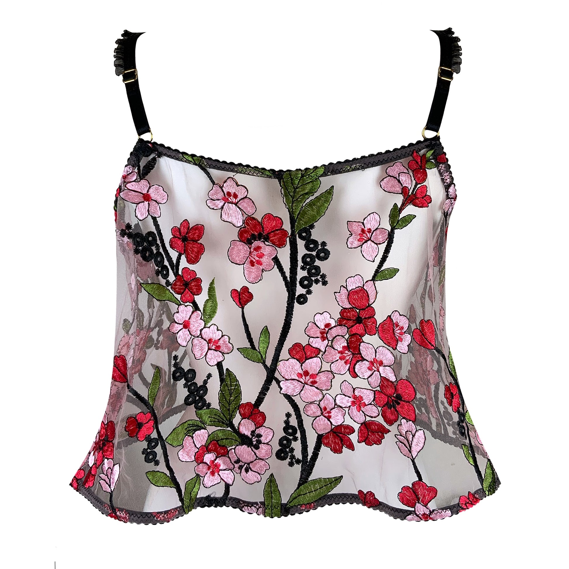 Red Pink Floral Embroidered Cami Handmade in Scotland