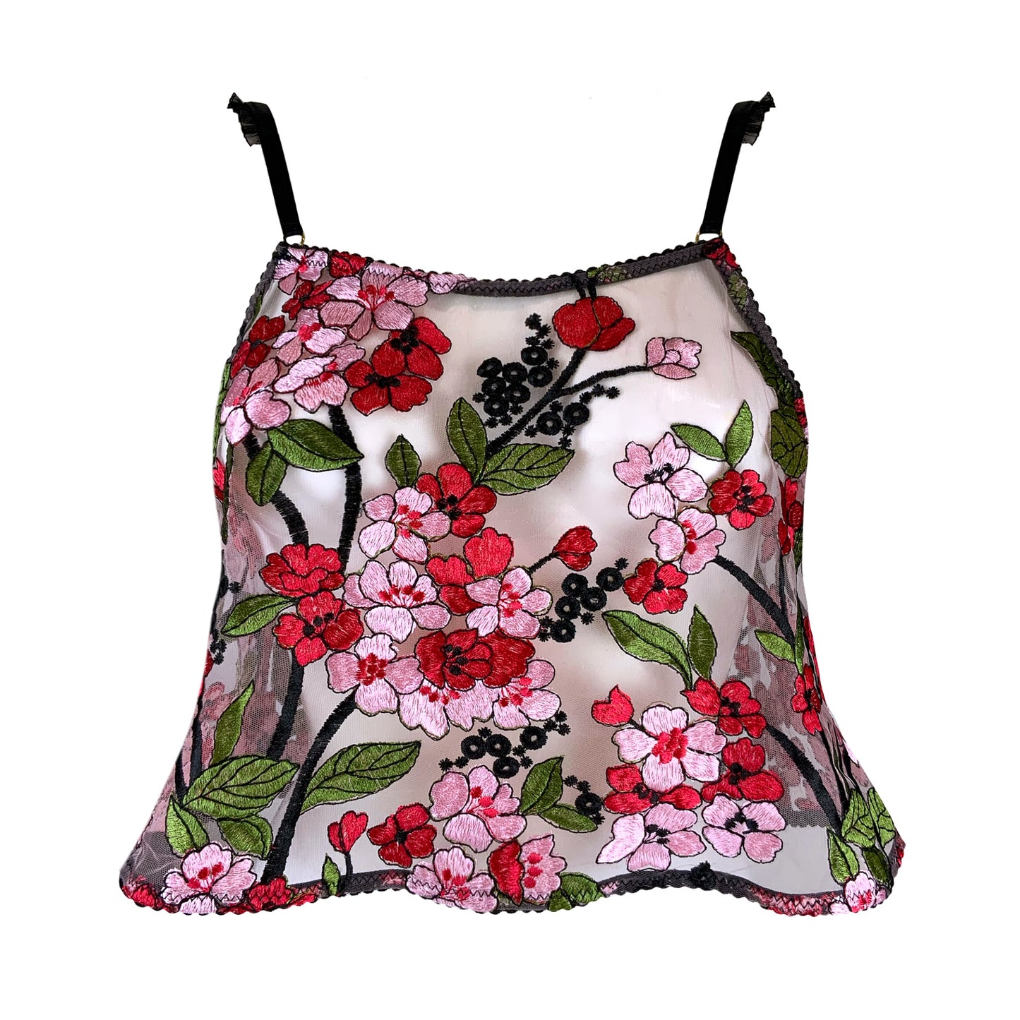 Floral embroidered top cami with red and pink flowers on a white background handmade in Scotland