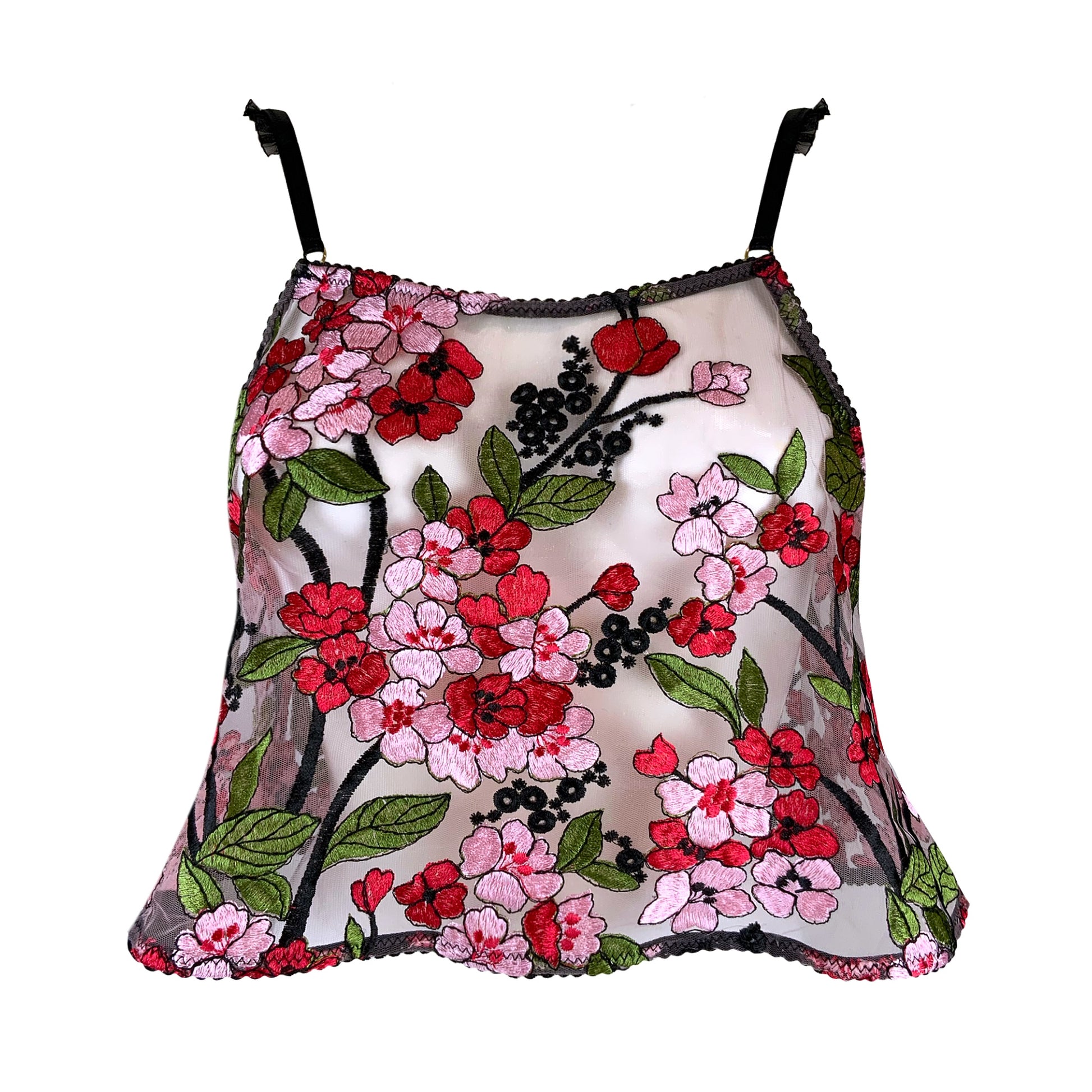 Floral embroidered top cami with red and pink flowers on a white background handmade in Scotland