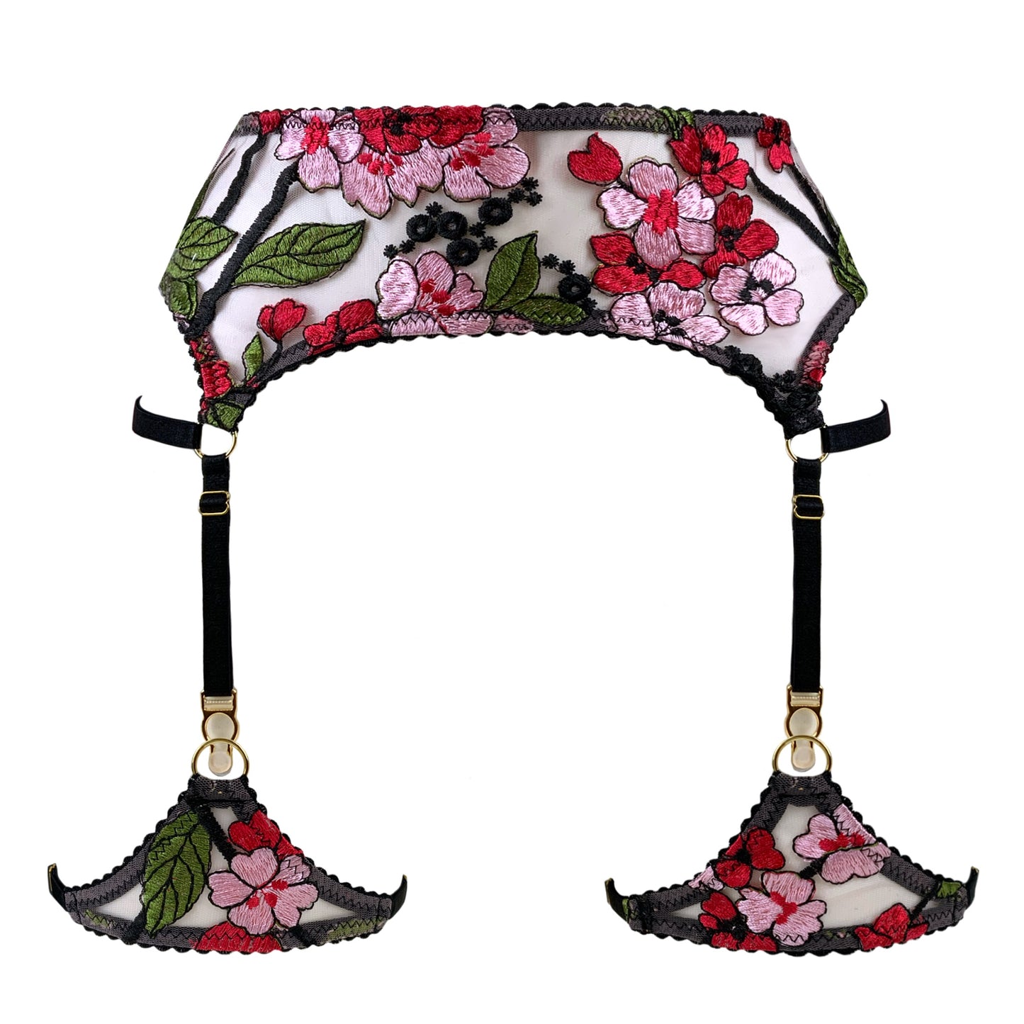 Red Pink Floral Suspender Belt and Thigh Garters Handmade in Scotland