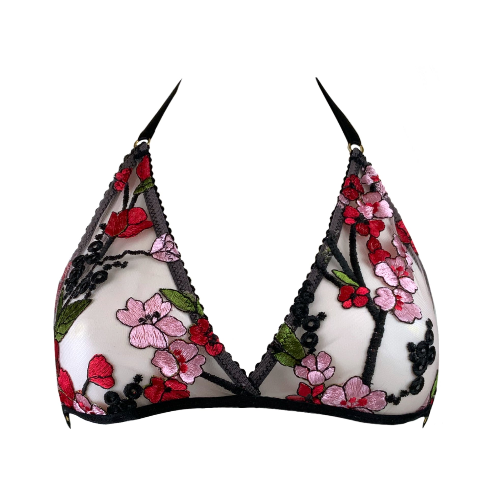 Red pink embroidered strap triangle bralette made in Scotland