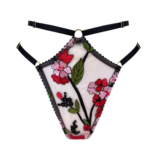 Red pink embroidered adjustable strap thong made in Scotland